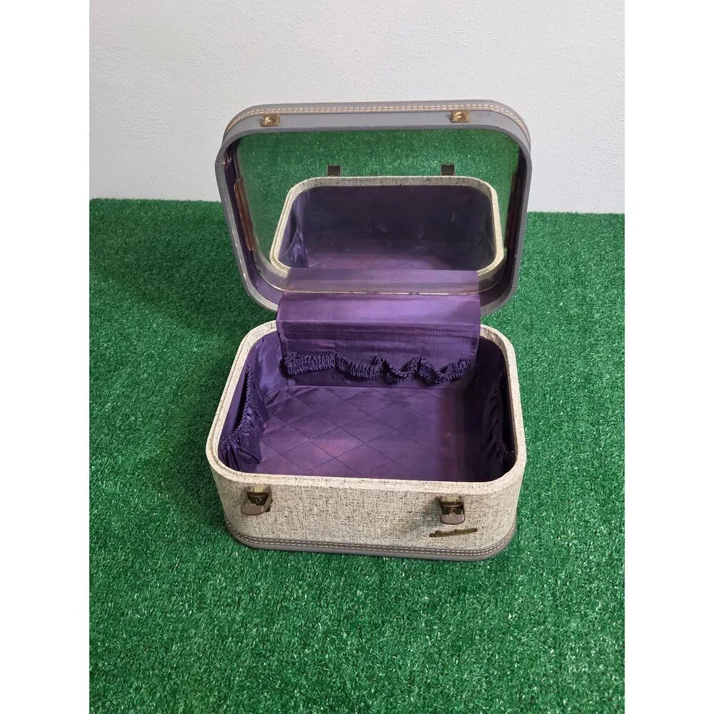 Vintage Tweed Vanity Case Train Luggage Makeup Train Case Purple Interior